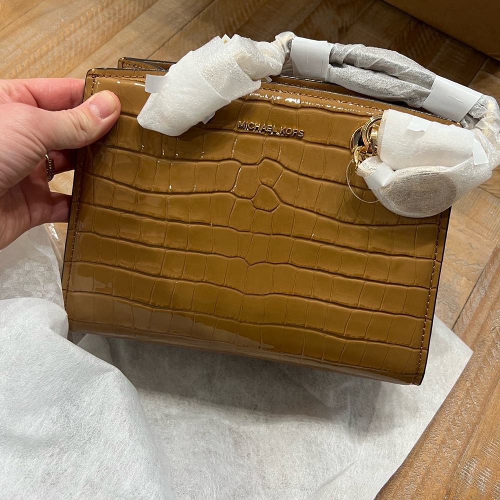 Cynthia small crocodile embossed leather satchel